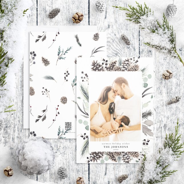 Cartão De Festividades Carro de Feriado de Pinecone de inverno Negro (Criador carregado)