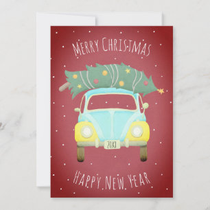 Cartão De Festividades Carro Retro Vermelho Borgonha Árvore de Natal Ano 