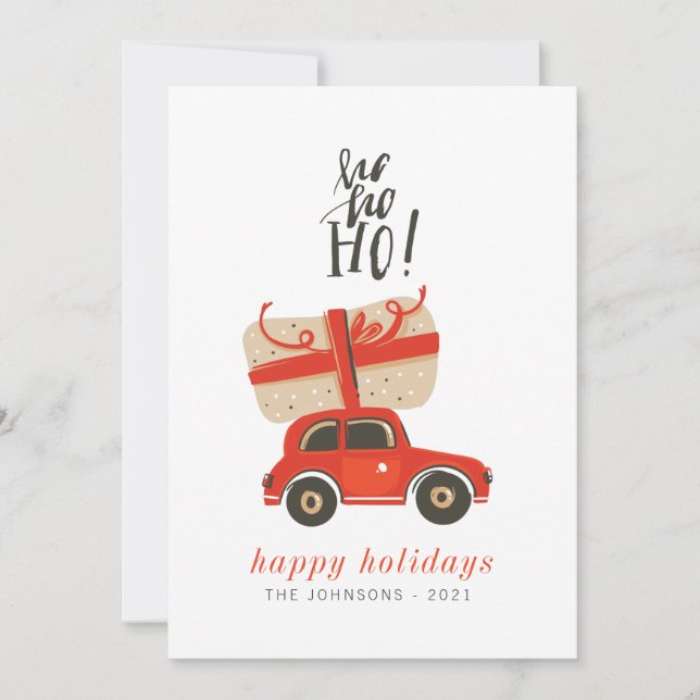 Cartão De Festividades Carro Vermelho de Presente Clássico Clássico Moder (Frente)