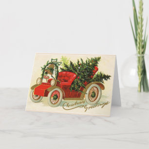 CARTÃO DE FESTIVIDADES CARRO VINTAGE VERMELHO COM ÁRVORES DE NATAL E CINT