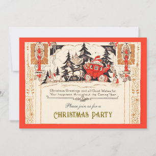 Cartão De Festividades Carruagem de Natal Vintage Vermelho Dourado na Nev