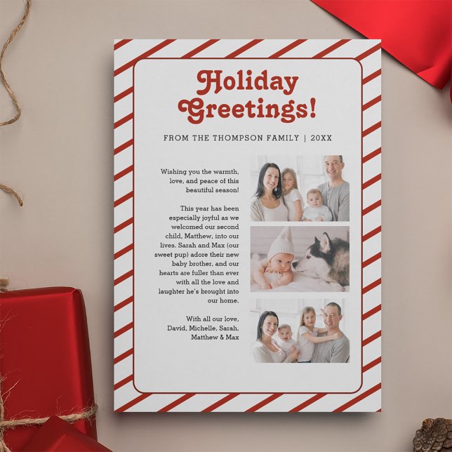 Cartão De Festividades Carta de natal da família e-mail atualização de fo (Holiday Greeting custom 3 family photos white red stripe card.)