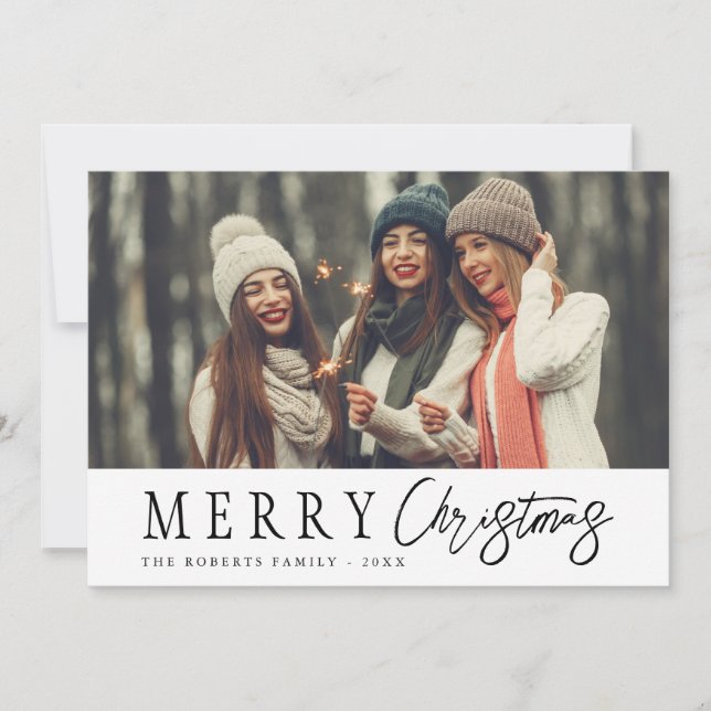 Cartão De Festividades carta de natal feliz com script preto (Frente)