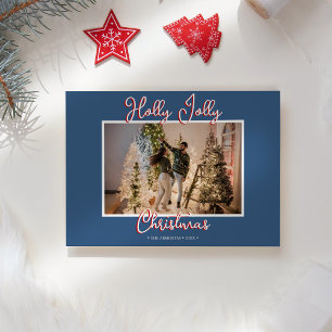 Cartão De Festividades Carta e Foto de Natal Blue Holly Jolly