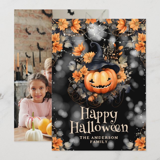 Cartão De Festividades Carta Feliz de Halloween da Família Spookpkin (Frente/Verso)