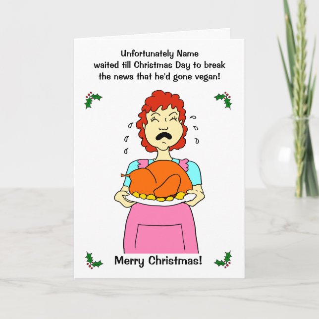 Cartão De Festividades Cartoon Engraçado Vegan Mãe Natal da Turquia (Frente)