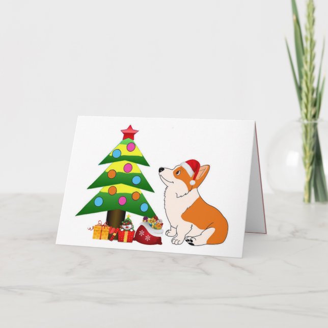 Cartão De Festividades Cartoon Holiday Corgi com árvore (Frente)