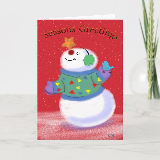Cartão De Festividades Cartoon Snowman Star Blue Bird Holiday Card (Frente)