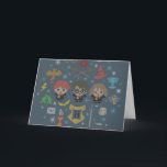 Cartão De Festividades Cartum Harry Potter Cross-Stitch Collage<br><div class="desc">Veja este gráfico de pontos cruzados adorável com pequenas versões de desenhos animados de Ron Weasley, Harry Potter, Hermione Granger e vários artefatos mágicos da história: Óculos de Harry Potter e ícone de raio, Ouro Snitch, Tripulação, pauzinhos, Fawkes, Fawkes, Fawkes, TriWizard Cup, sapos, Hogwarts Crest and Letter, Goblet of Fire,...</div>