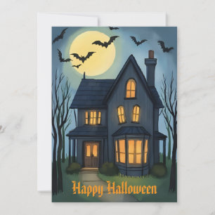 Cartão De Festividades Casa Assombrada em Aquarela Vintage para Halloween