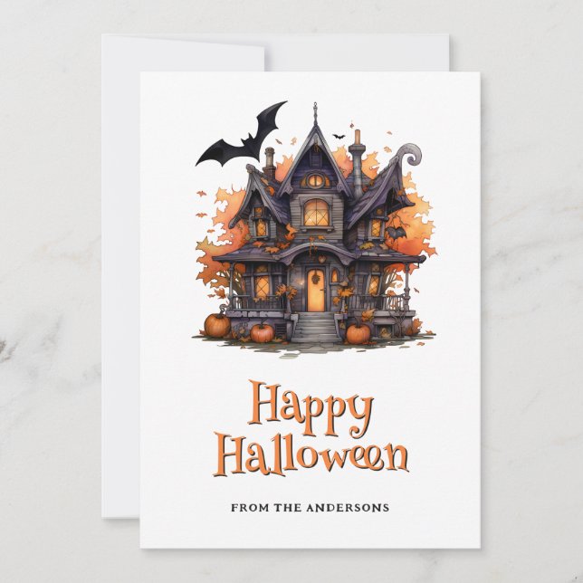 Cartão De Festividades Casa Assombrada Pumpkins Bats Ghost Halloween Card (Frente)