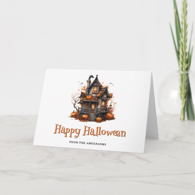 Cartão De Festividades Casa Assombrada Pumpkins Ghost Halloween Card (Frente)