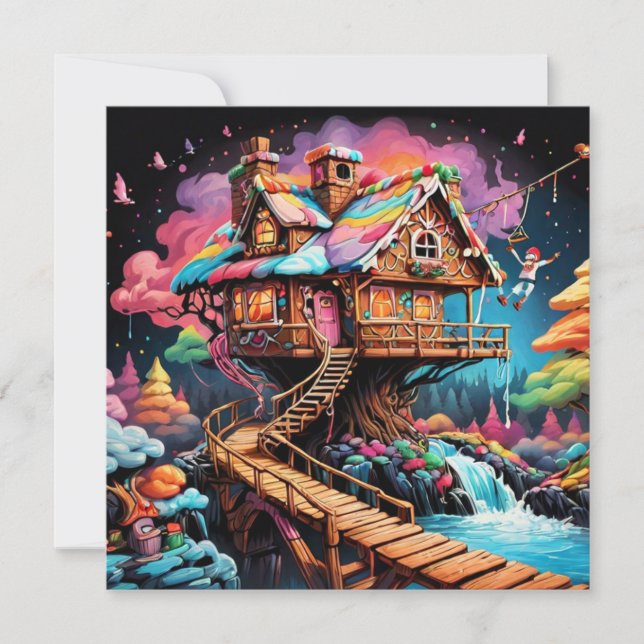 Cartão De Festividades casa de árvore de gengibre psicodélico natal  (Frente)