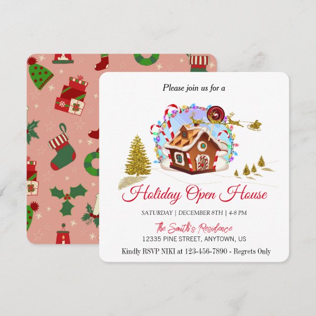 Cartão De Festividades Casa de Biscoito de Gengibre e Papai Noel Dourado (Frente/Verso)