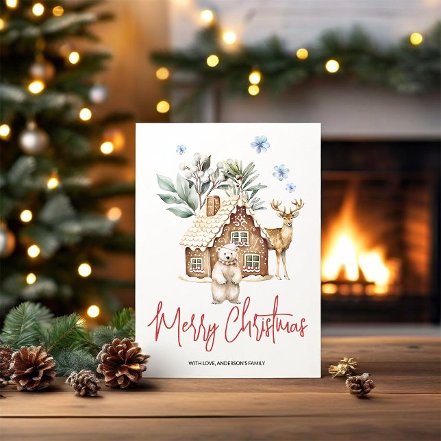 Cartão De Festividades Casa de Biscoito de Gengibre em Aquarela, Urso Pol (Criador carregado)