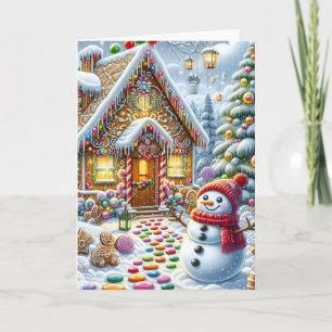 Cartão De Festividades Casa de Biscoito de Natal com Boneco de Neve Fofo