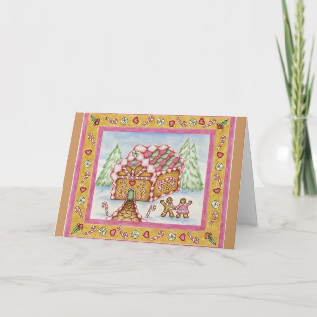 Cartão De Festividades Casa de Biscoito de Natal Rosa (Frente)