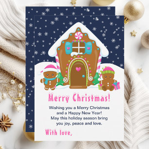 Cartão De Festividades Casa de Biscoito de Natal Rosa e Azul Marinho Feli