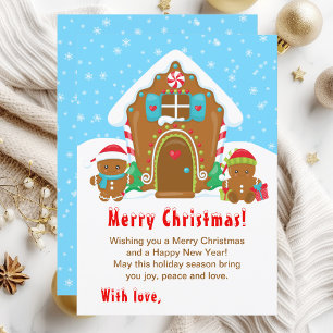 Cartão De Festividades Casa de Biscoito de Natal Vermelha e Azul Feliz Na
