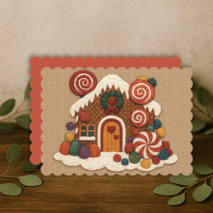 Cartão De Festividades Casa de Biscoito Decorada com Bordado de Doces