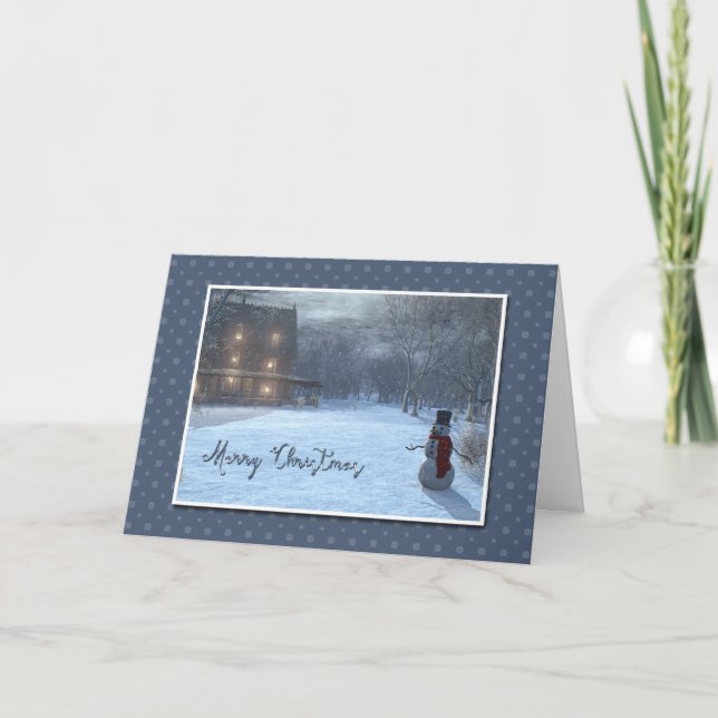 Cartão De Festividades Casa de campo e boneco de neve do inverno no luar (Frente)