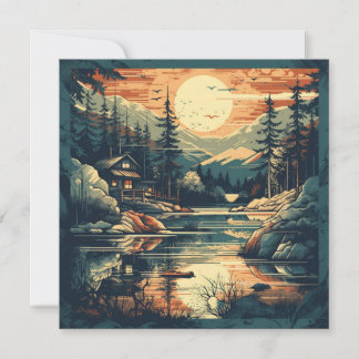 Cartão De Festividades Casa de montanha com Arte Retro Escandinava