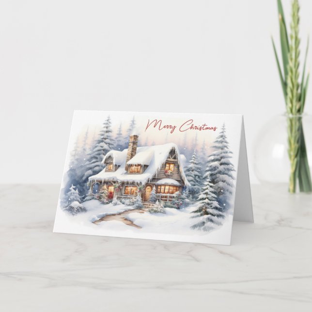 Cartão De Festividades Casa de Natal Com Aquarela Com Neve (Frente)