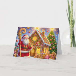 Cartão De Festividades Casa de Natal de Pão de Mel Dourada com Papai Noel