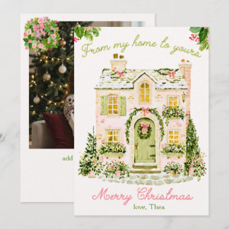 Cartão De Festividades Casa de Natal em Aquarela Rosa Foto de Natal Alegr