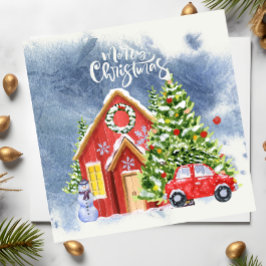 Cartão De Festividades Casa de Natal feliz com árvore e neve vermelha