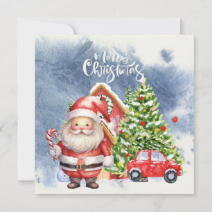 Cartão De Festividades Casa de Natal feliz com árvore e neve vermelha