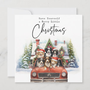 Cartão De Festividades Casa de Natal feliz com cães no caminhão vermelho
