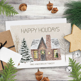 Cartão De Festividades Casa de Pinheiro de Neve de Inverno Feliz Natal