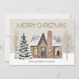 Cartão De Festividades Casa de Pinheiro de Neve de Inverno Feliz Natal