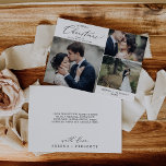 Cartão De Festividades Casado Delicado Foto De Casamento De Natal Obrigad<br><div class="desc">Este delicado obrigado de fotos de natal de Casado de Natal que você faz é o cartões de natal moderno perfeito para recém-casados. A design romântica minimalista apresenta uma magnífica e elegante tipografia negra num fundo branco com um aspecto simples e limpo. Personalize o cartão com 3 fotos, seus nomes...</div>