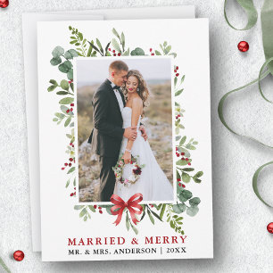 Cartão De Festividades Casados & Alegre Aquarela Folhagem Laço Vermelho