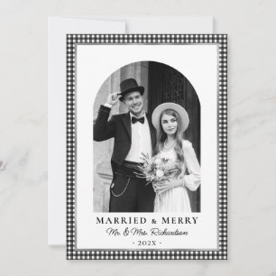 Cartão De Festividades Casados e Alegres Arco Foto Xadrez Preto e Branco