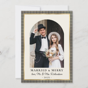 Cartão De Festividades Casados e Alegres Arco Foto Xadrez Preto e Dourado
