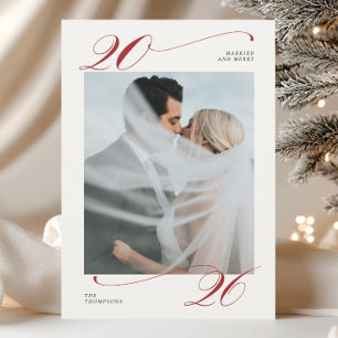 Cartão De Festividades Casados e Alegres Foto de Recém-Casados com Caligr