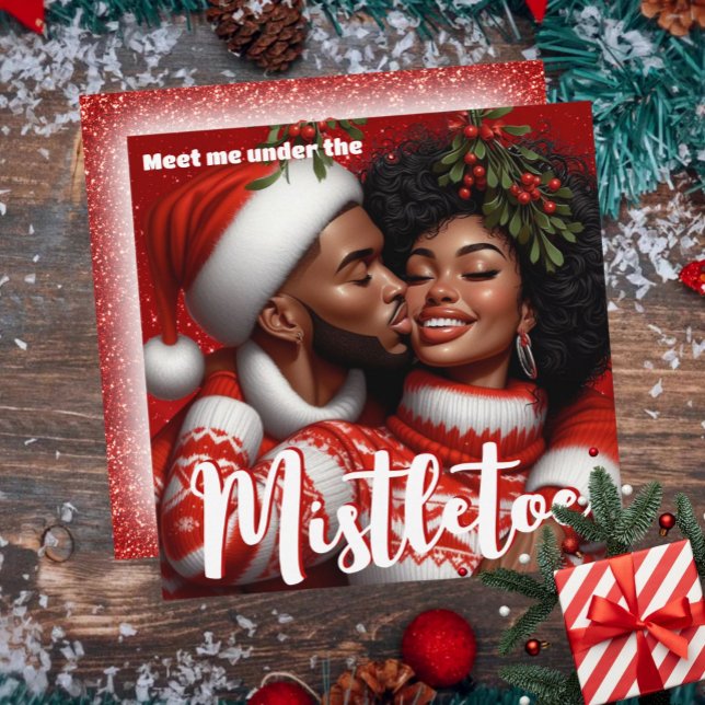 Cartão De Festividades Casal Afro-Americano Beijo de Natal debaixo do vis (African American Couple Christmas Mistletoe Kiss Holiday Card)