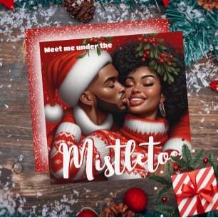 Cartão De Festividades Casal Afro-Americano Beijo de Natal no Visco