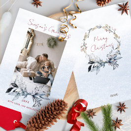 Cartão De Festividades Casal Azul Dourado Wreath Família Uma Foto Natal