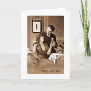 Cartão De Festividades casal comemorando o ano novo com champanhe,vintage