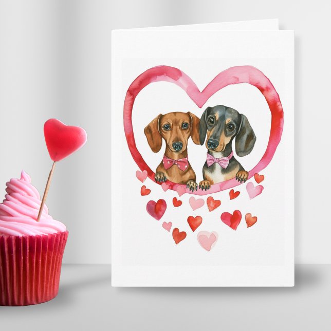Cartão De Festividades Casal Dachshund Aquarela Amor Bonito Personalizado (sausage dog anniversary couple love dachshund romantic sweet valentines day watercolour dog card)