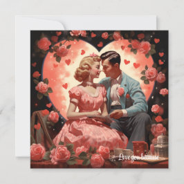 Cartão De Festividades Casal de amor vintage abraça corações rosa no Dia