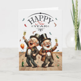 Cartão De Festividades Casal de Ano Novo Engraçado, em Caricaturas Vintag