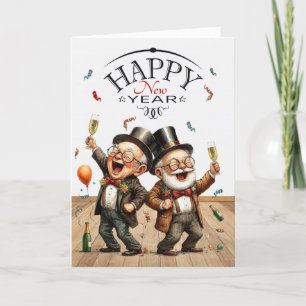Cartão De Festividades Casal de Ano Novo Engraçado, em Caricaturas Vintag