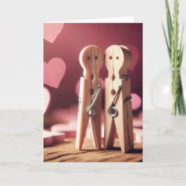 Cartão De Festividades Casal de Clothespin de Aniversário com Corações