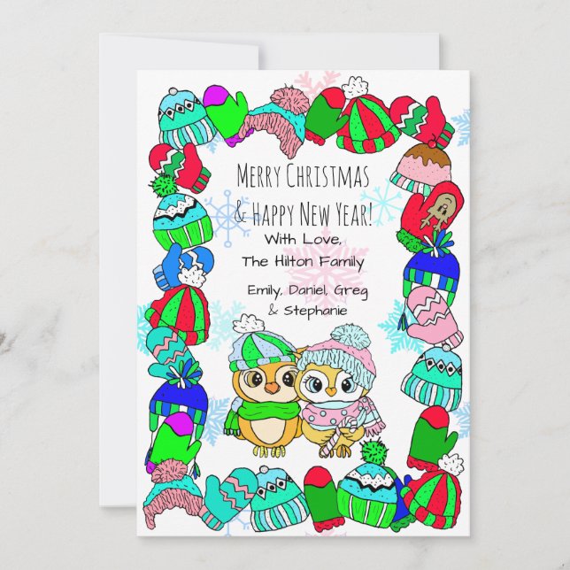 Cartão De Festividades Casal de coruja em árvore no Natal (Frente)
