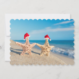 Cartão De Festividades Casal De Estrelas Do Mar Em Santa Hats Caminhando
